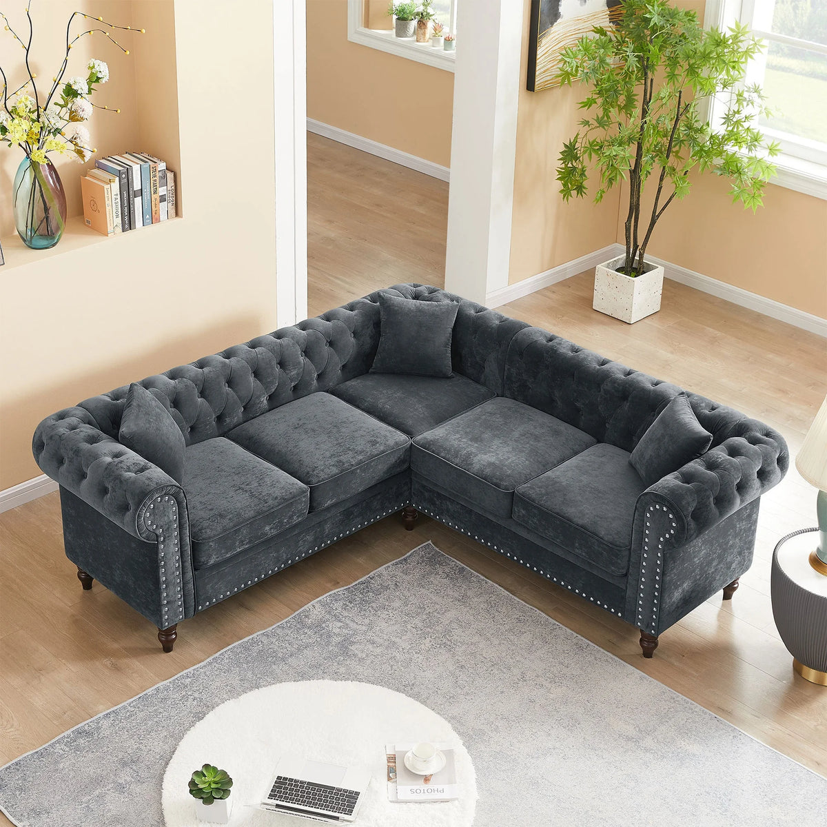 Gray Velvet Button Tufted L-shaped Sofa R7746