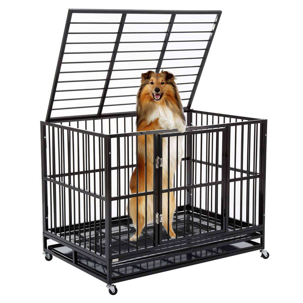 48” Black Heavy Duty Metal Dog Cage with Wheels Q1958