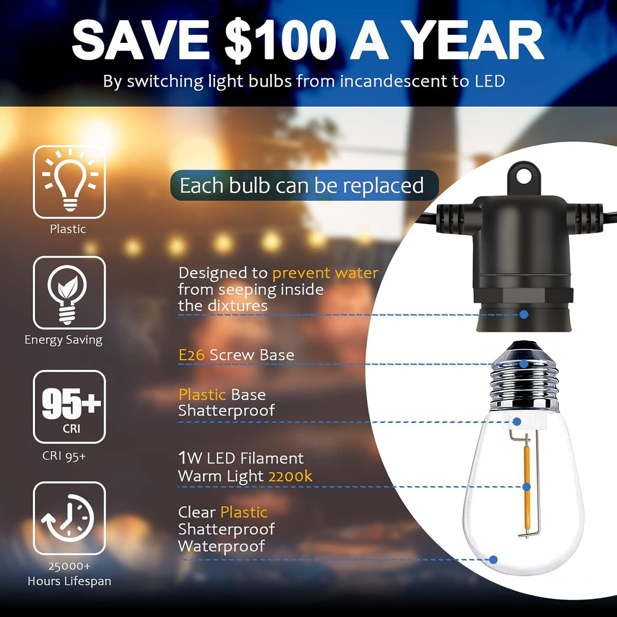 LED Outdoor String Lights with Dimmer Remote M2786