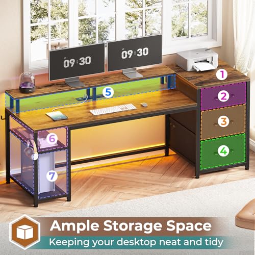 Rustic Brown Office Desk with Drawers and LED Lights G531