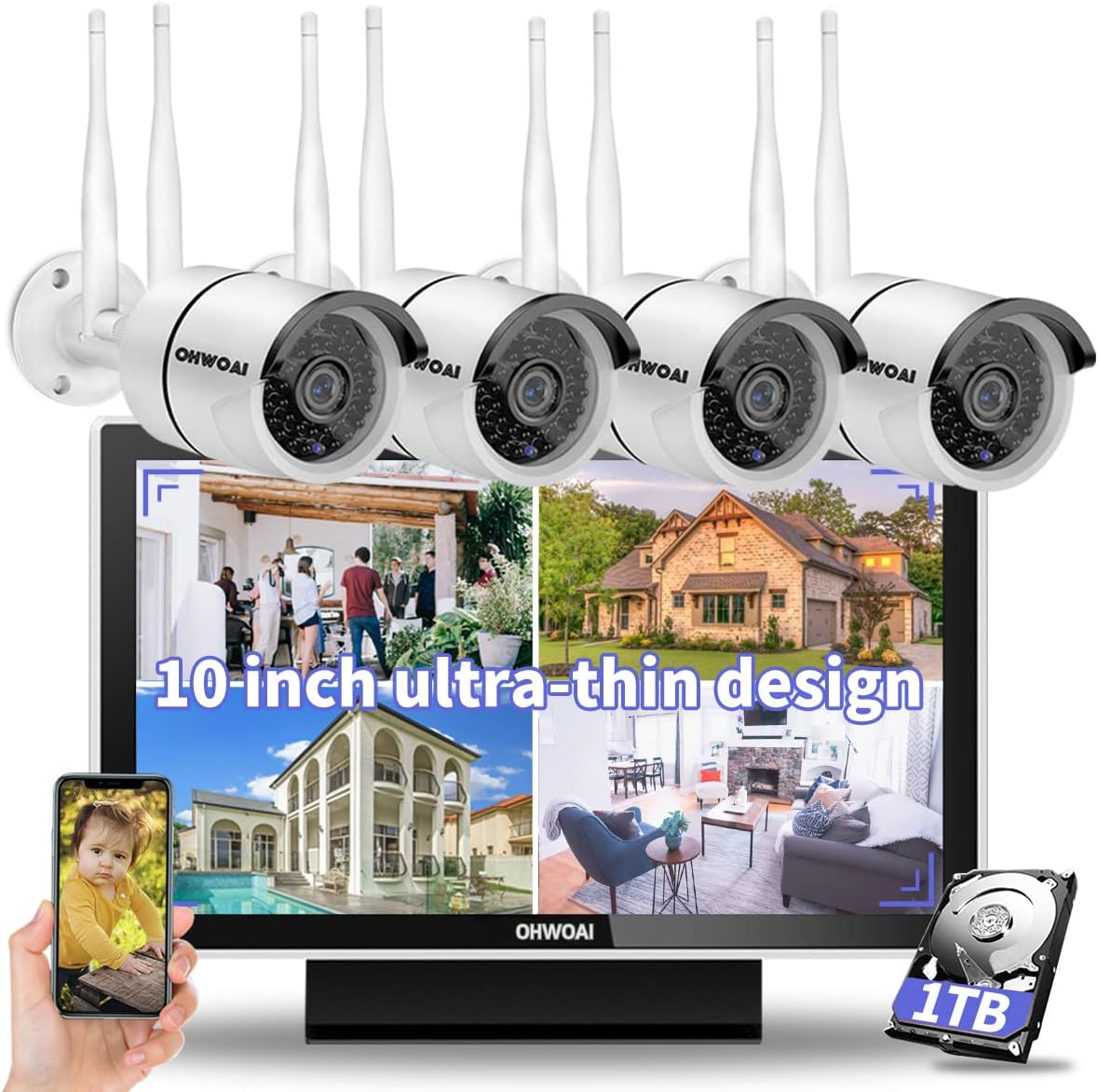 Wireless Security Camera System with 10 HD Screen, 4Pcs WiFi IP Cameras, 1TB HDD O446