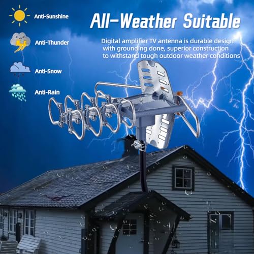 Outdoor TV Antenna, Long Range, 360° Rotation, 4K 1080P VHF UHF, with Remote and 40ft RG6 Coax Cable T4098