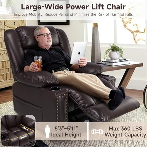 Large Power Lift Recliner Chair with Heated and Massage, Breathable Leather, Dark Brown A4908