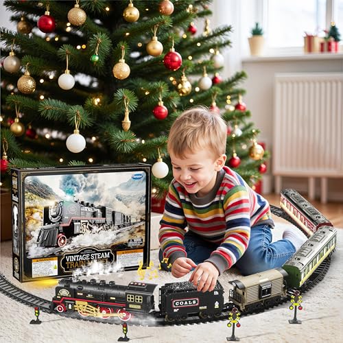 Train Set with Glowing Passenger Carriages, Electric Train Toy with Smoke, Light and Sound H837885