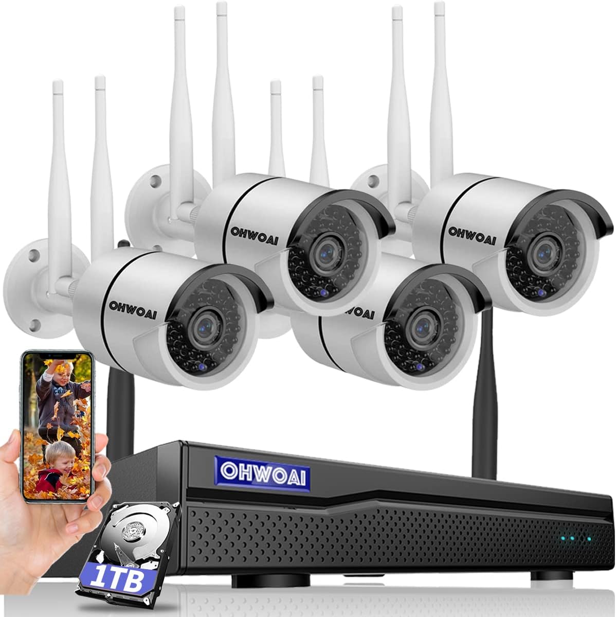 Wireless Security Camera System with 10 HD Screen, 4Pcs WiFi IP Cameras, 1TB HDD O446
