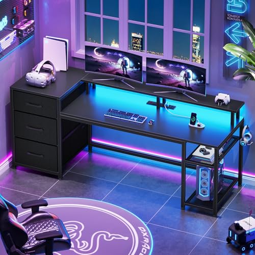 Rustic Brown Office Desk with Drawers and LED Lights G531