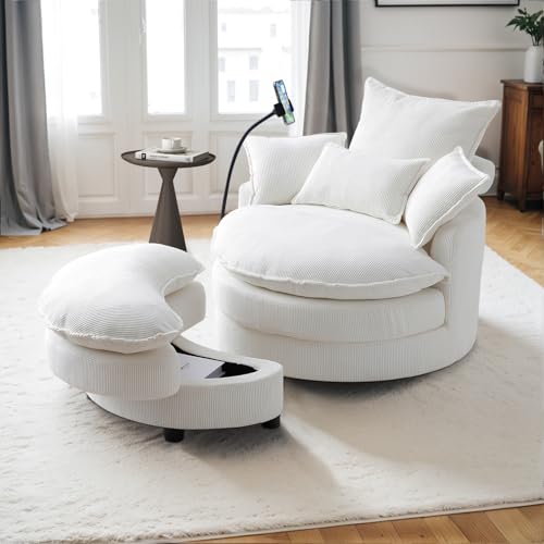 Beige Corduroy Oversized Swivel Accent Sofa Chair with Storage Ottoman Z90939