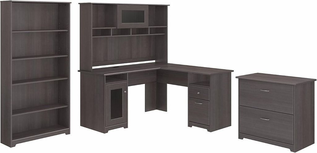 L Shaped Desk with Hutch, File Cabinet and 5 Shelf Bookcase N307