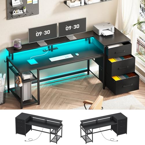 Rustic Brown Office Desk with Drawers and LED Lights G531