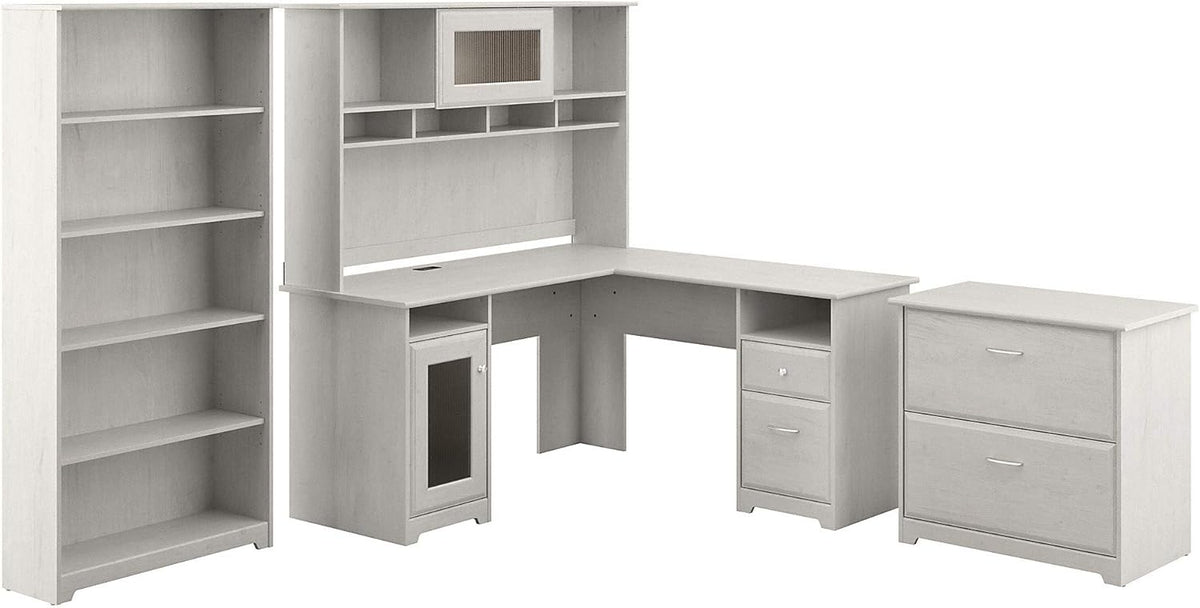 L Shaped Desk with Hutch, File Cabinet and 5 Shelf Bookcase N307