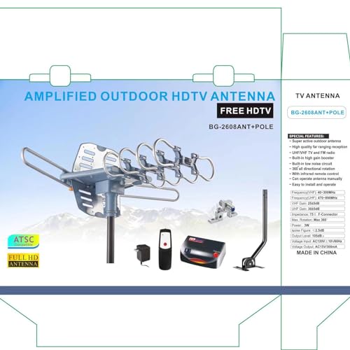 Outdoor TV Antenna, Long Range, 360° Rotation, 4K 1080P VHF UHF, with Remote and 40ft RG6 Coax Cable T4098