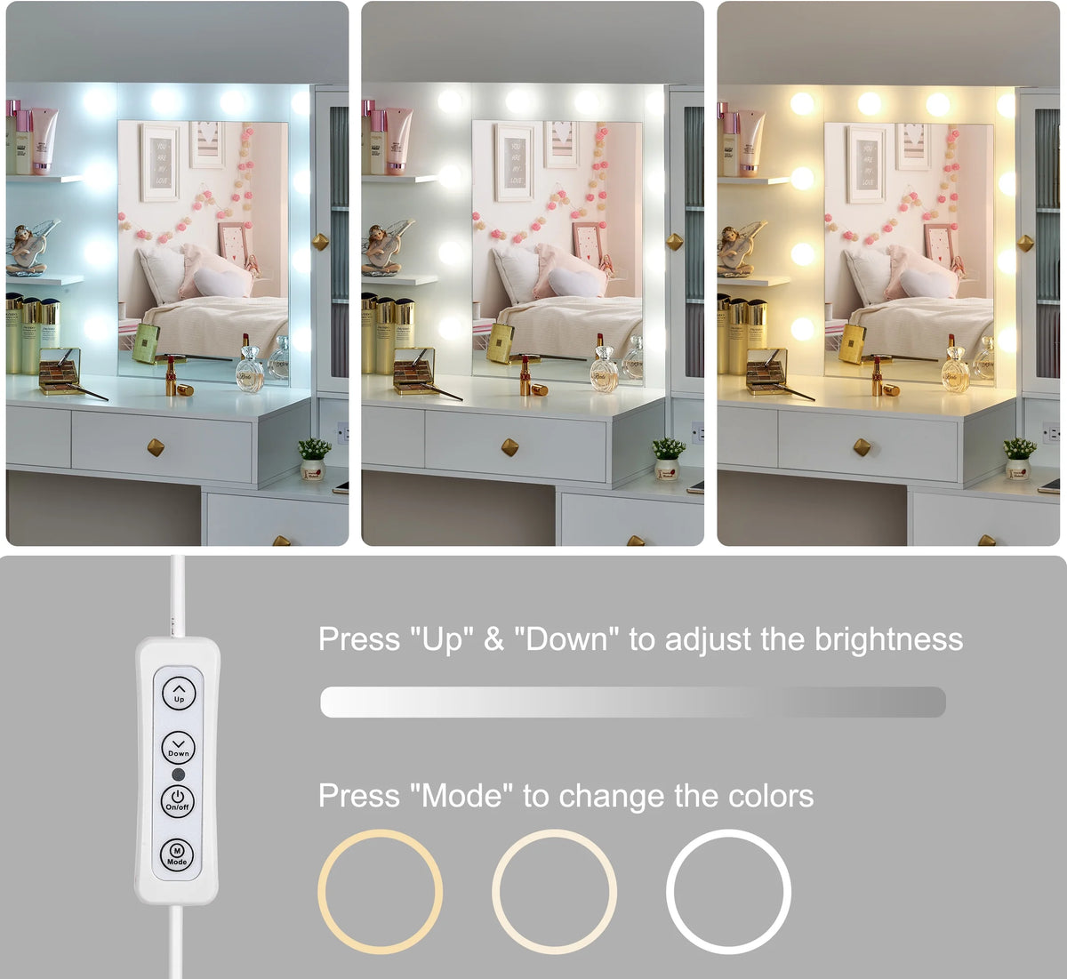 White Vanity Desk with Lights, Mirror and Drawers I974