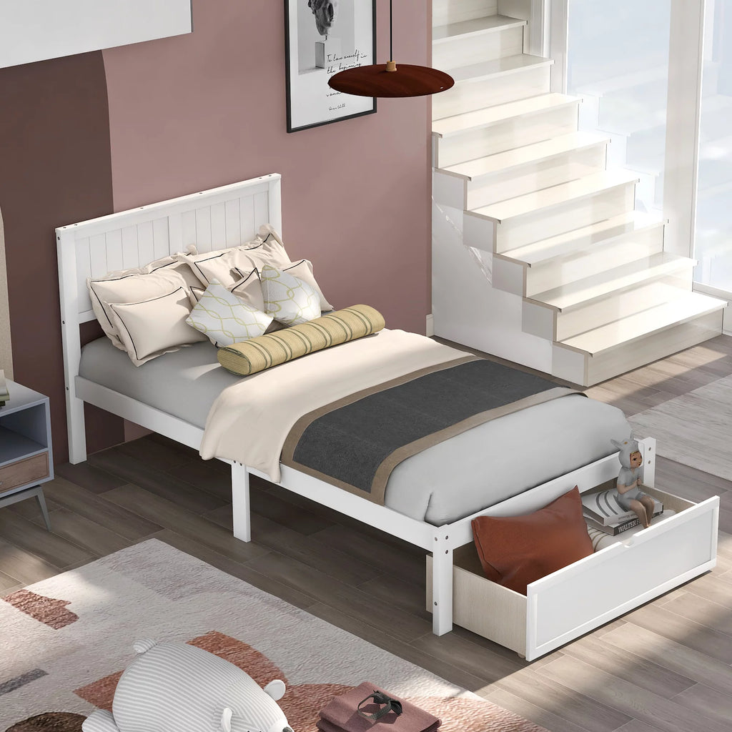 White Twin Wood Platform Bed with Headboard and Storage Drawer C289363