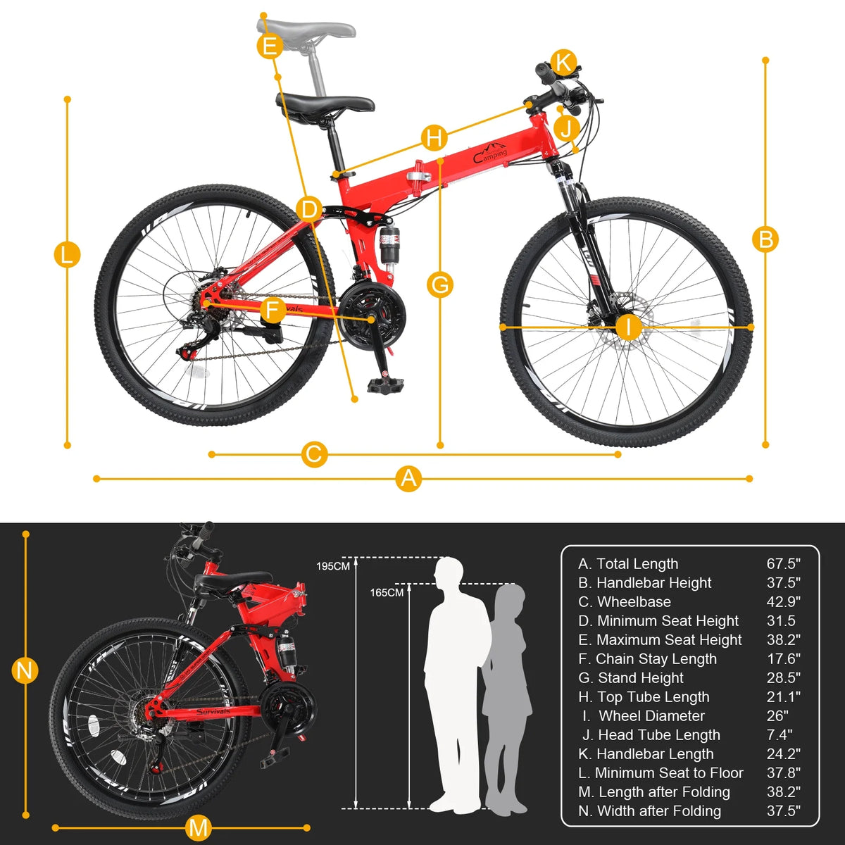 Folding Mountain Bike 21-Speed 26 inch Red K292531