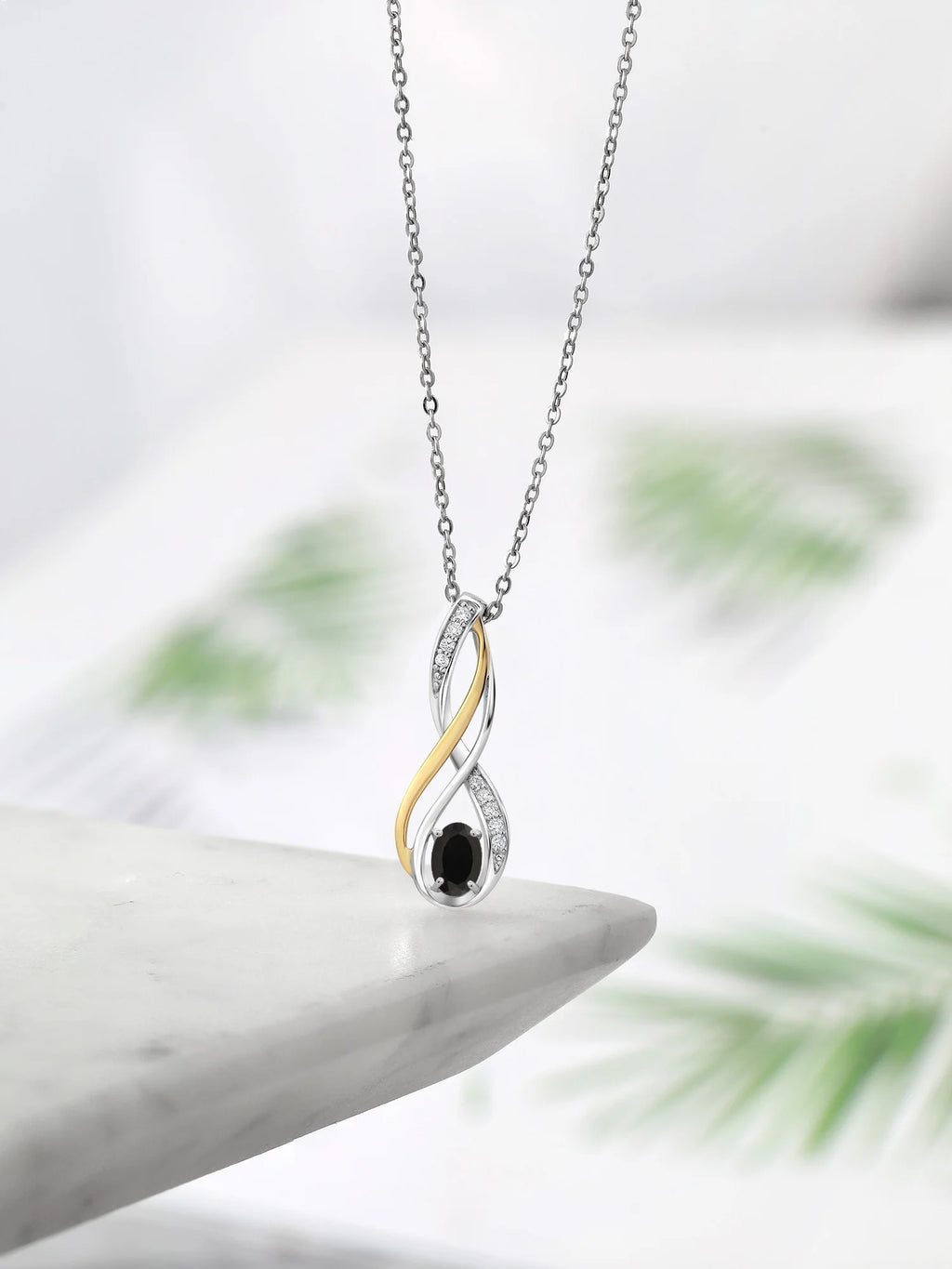 10K Yellow Gold 925 Sterling Silver Black Onyx White Lab Grown Diamond Pendant Necklace G570