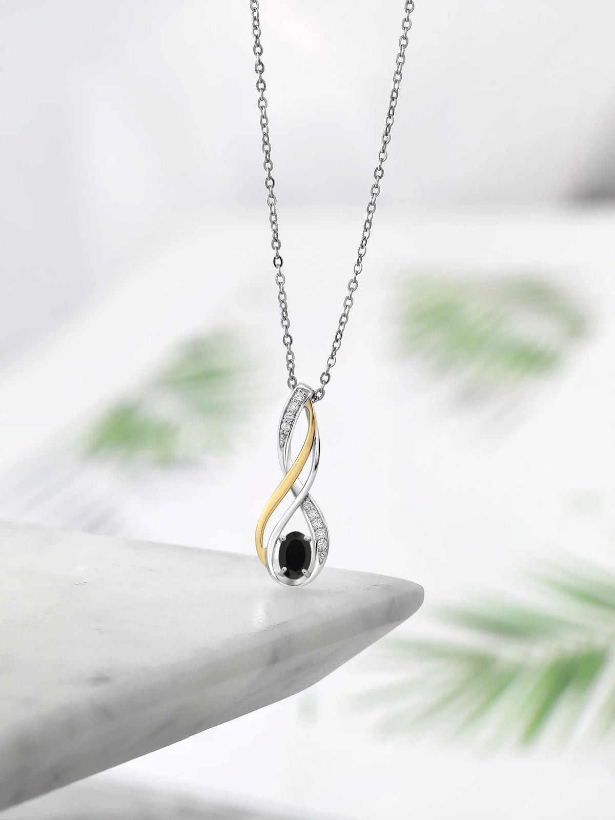 10K Yellow Gold 925 Sterling Silver Black Onyx White Lab Grown Diamond Pendant Necklace G570