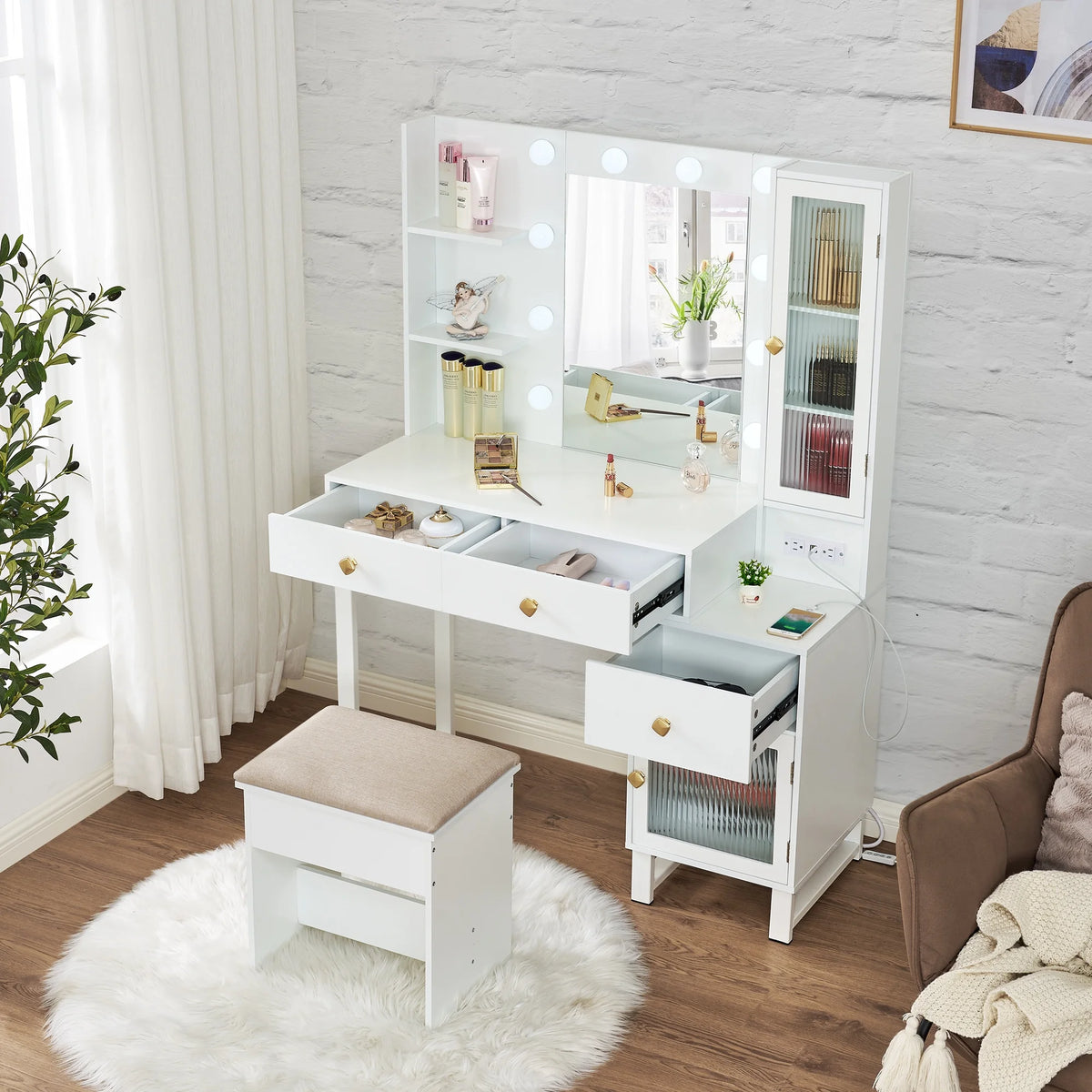 White Vanity Desk with Lights, Mirror and Drawers I974