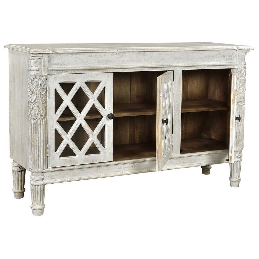 Solid Wood 3 Door Sideboard with Glass Inserts in White P758