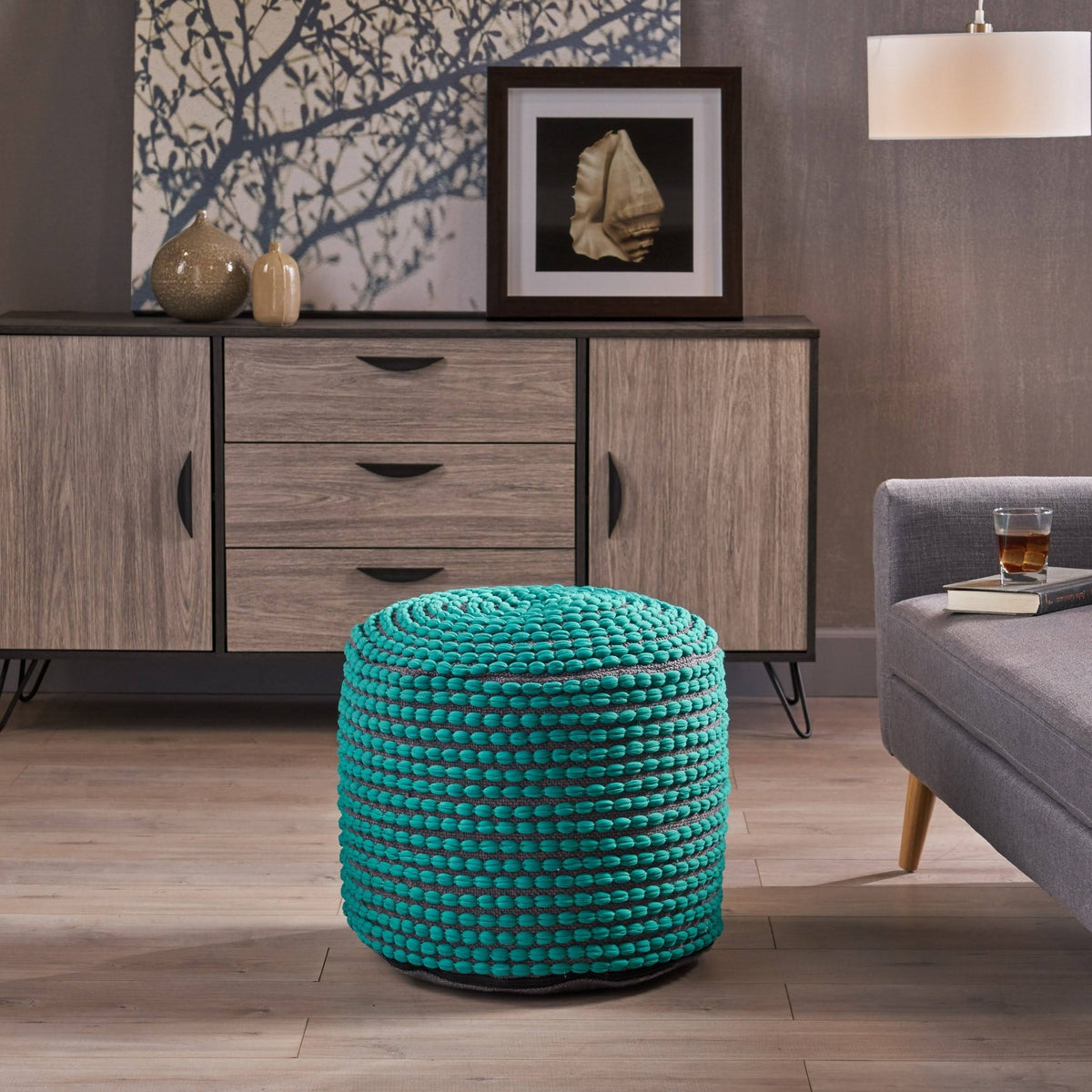 Green Handcrafted Fabric Ottoman Pouf A748