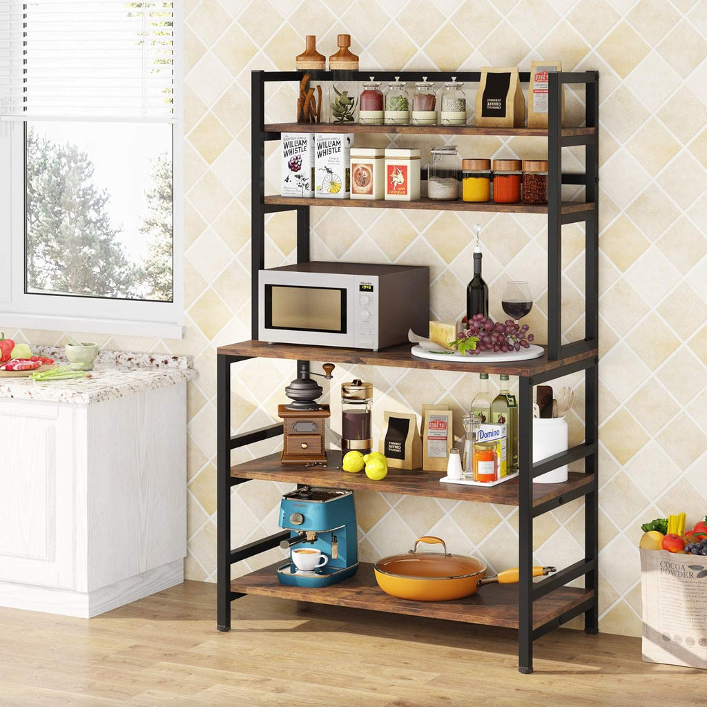Rustic Brown 5-Tier Kitchen Bakers Rack with Storage and Hutch A199