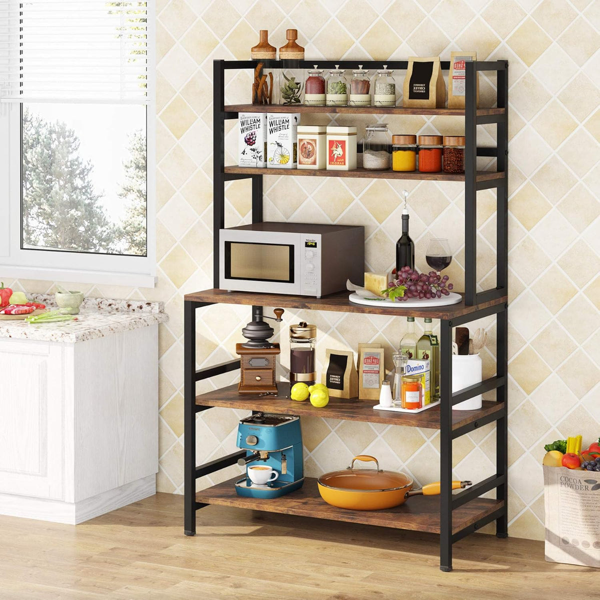 Rustic Brown 5-Tier Kitchen Bakers Rack with Storage and Hutch A199
