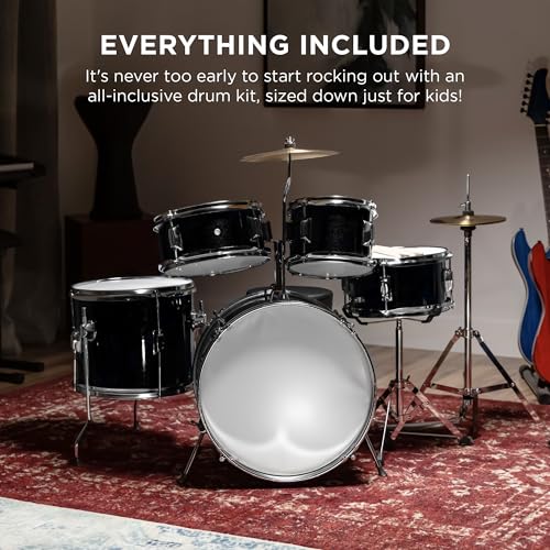 5-Piece Beginner Drum Set with Cymbals Pedal Drumsticks Stool Black W5447
