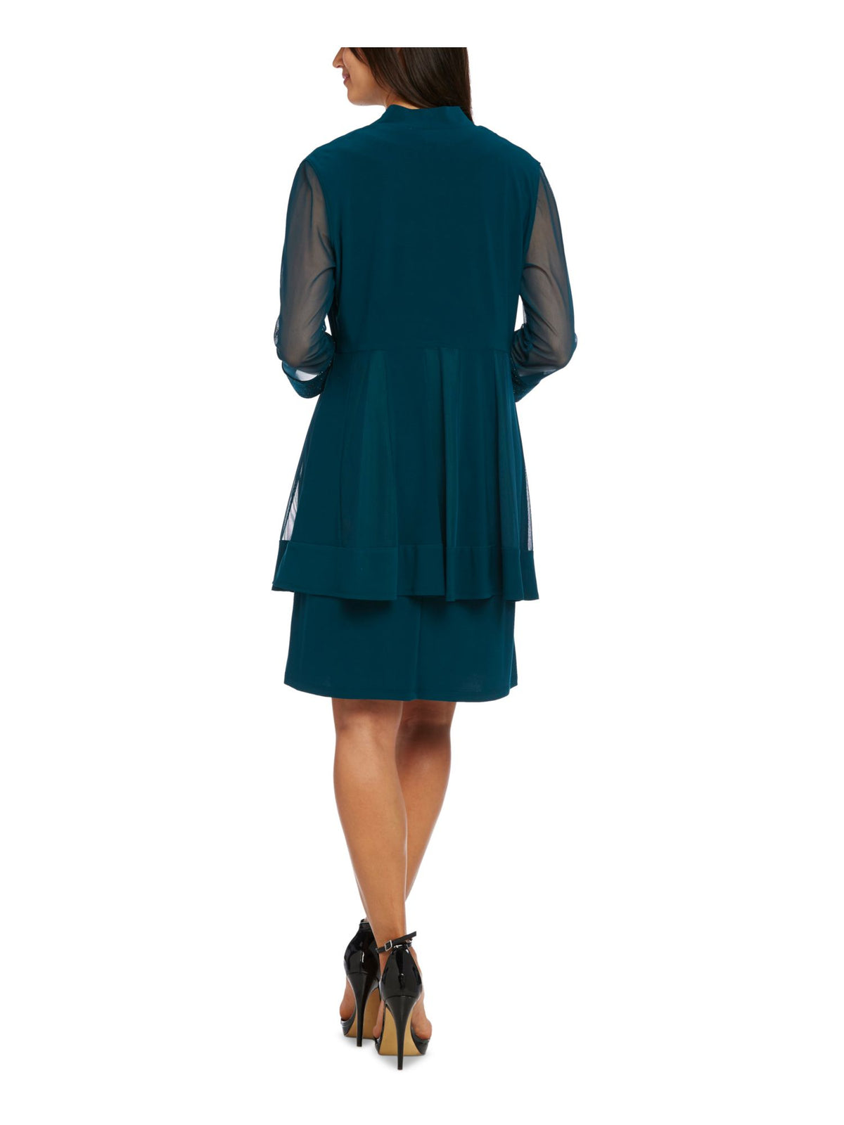 Teal Embellished Open Front 3/4 Sleeve Jacket Sleeveless Scoop Neck Above The Knee Party Shift Dress M255439