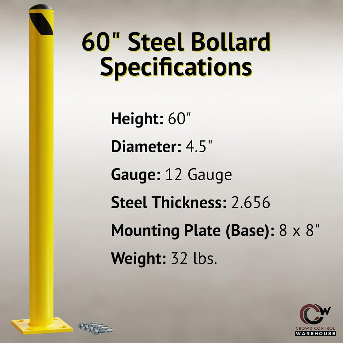 Yellow Powder Coated Steel Bollards, 36in x 4.5in X545