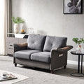 Dark Grey Linen Fabric Faux Leather Love Seat with Wood Leg T688