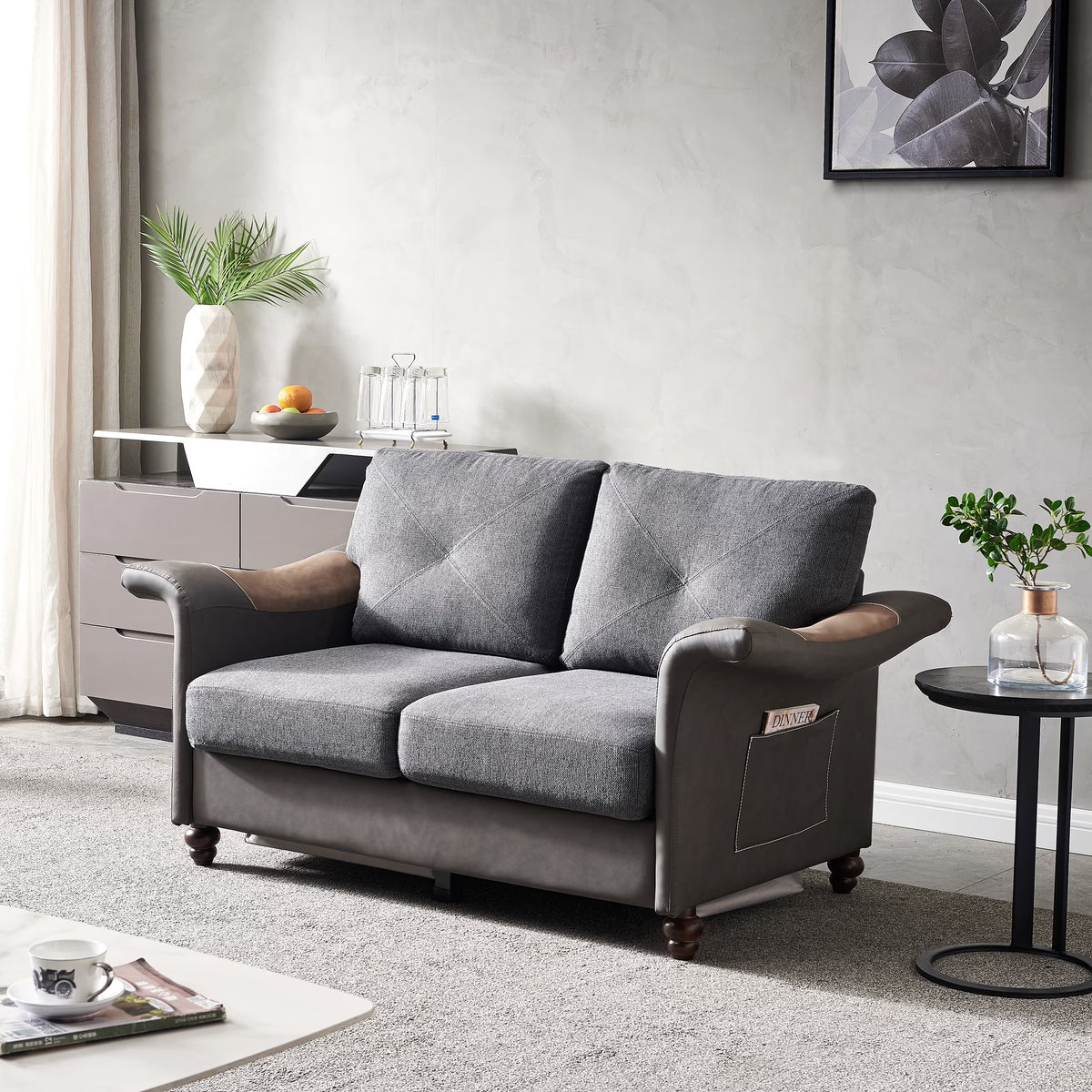 Dark Grey Linen Fabric Faux Leather Love Seat with Wood Leg T688