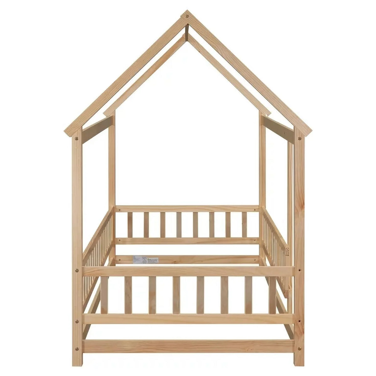 Twin Size Wood House Floor Bed with Fence Guardrails O603092