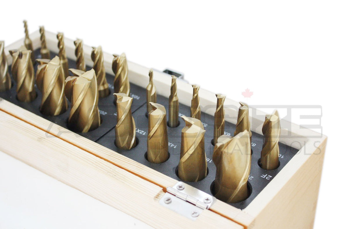 20 Pc H.S.S. Tin Coated End Mill Set, Metric Size, 2 Flute and 4 Flute S968