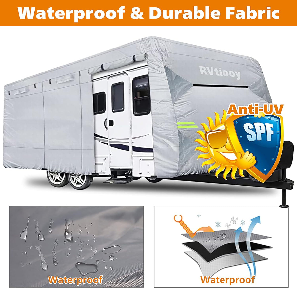 RV Cover with 4 Tire Covers and Tongue Jack Covers, 2 Windproof Belts, Silver, 37'1 - 40' E95726