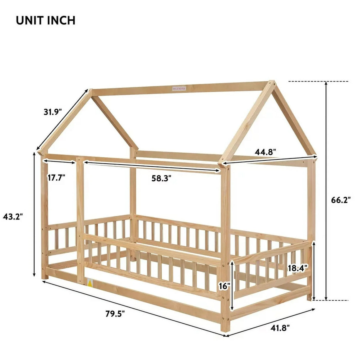 Twin Size Wood House Floor Bed with Fence Guardrails O603092