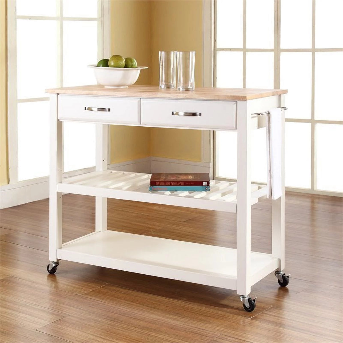 2-Drawer Wood Kitchen Cart Island in White/Natural R94698
