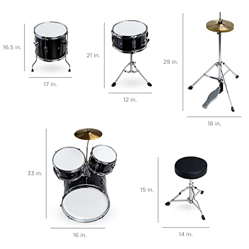5-Piece Beginner Drum Set with Cymbals Pedal Drumsticks Stool Black W5447