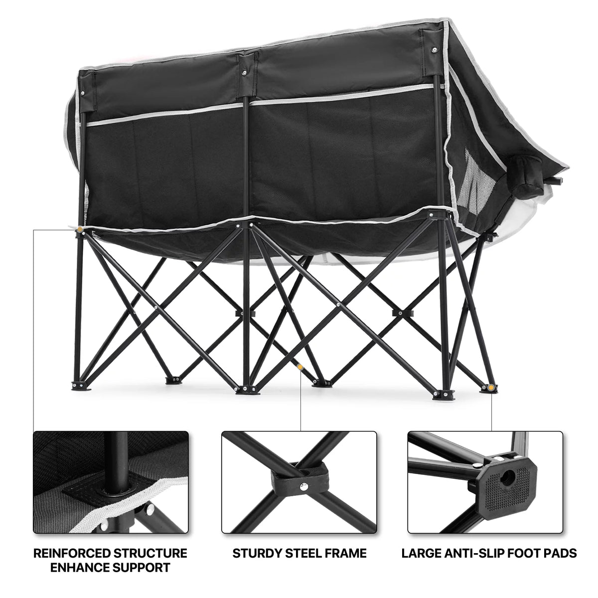 Portable 2 Person Folding Camping Sofa Chair with Carry Bag, Black P26561