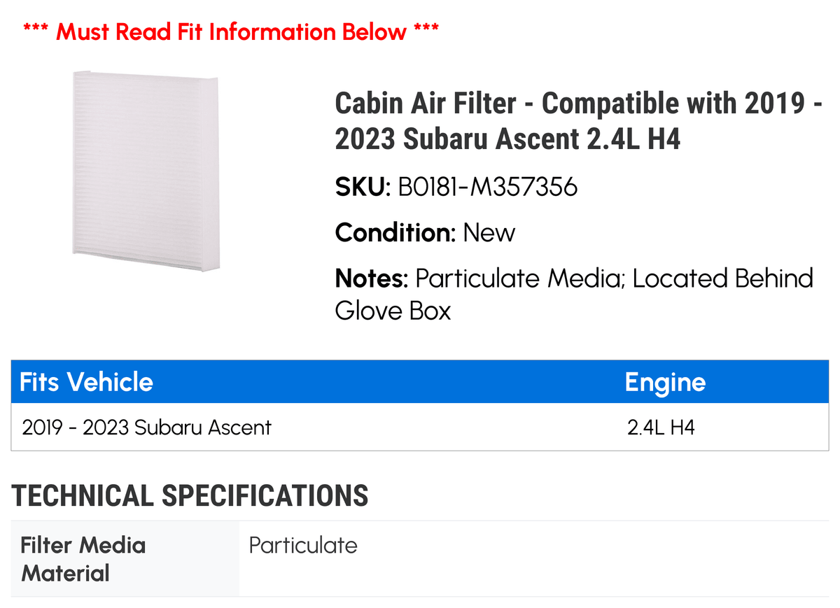 Cabin Air Filter for Subaru Ascent 2.4L H4 U4483
