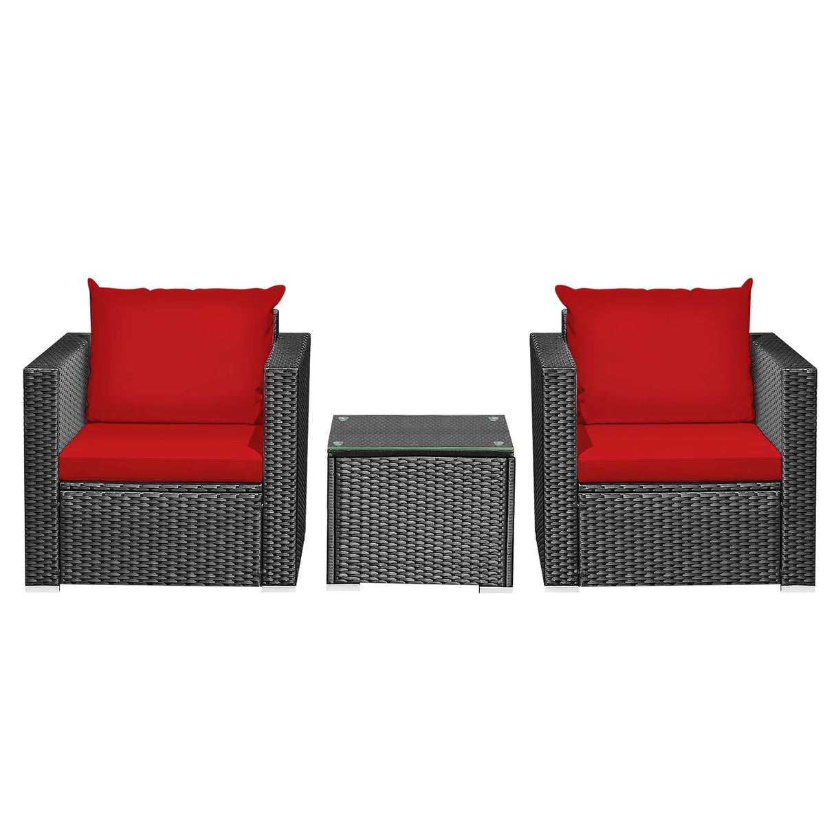3 Pcs Rattan Patio Conversation Furniture Set with Red Cushions G7786