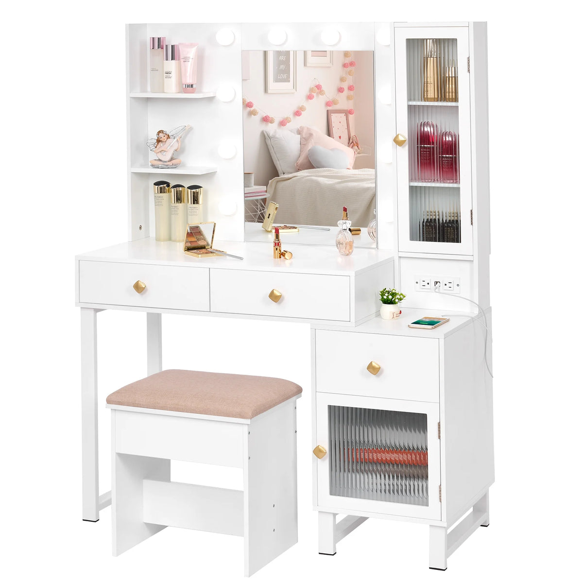 White Vanity Desk with Lights, Mirror and Drawers I974