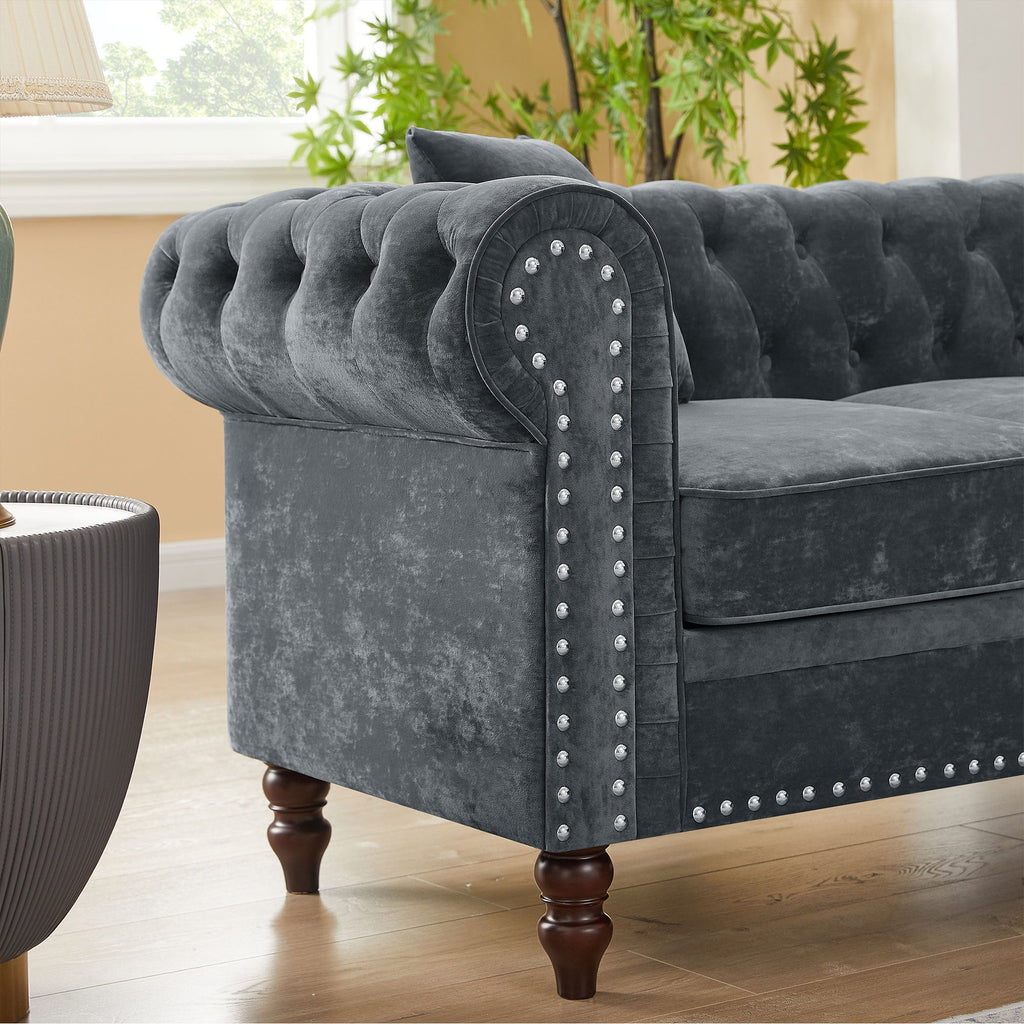 Gray Velvet Button Tufted L-shaped Sofa R7746