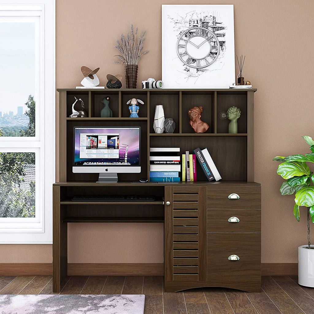 Walnut Computer Desk with Cabinet and Keyboard Tray S47713