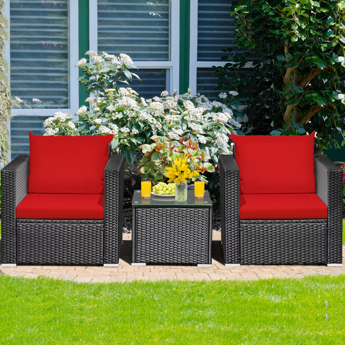 3 Pcs Rattan Patio Conversation Furniture Set with Red Cushions G7786
