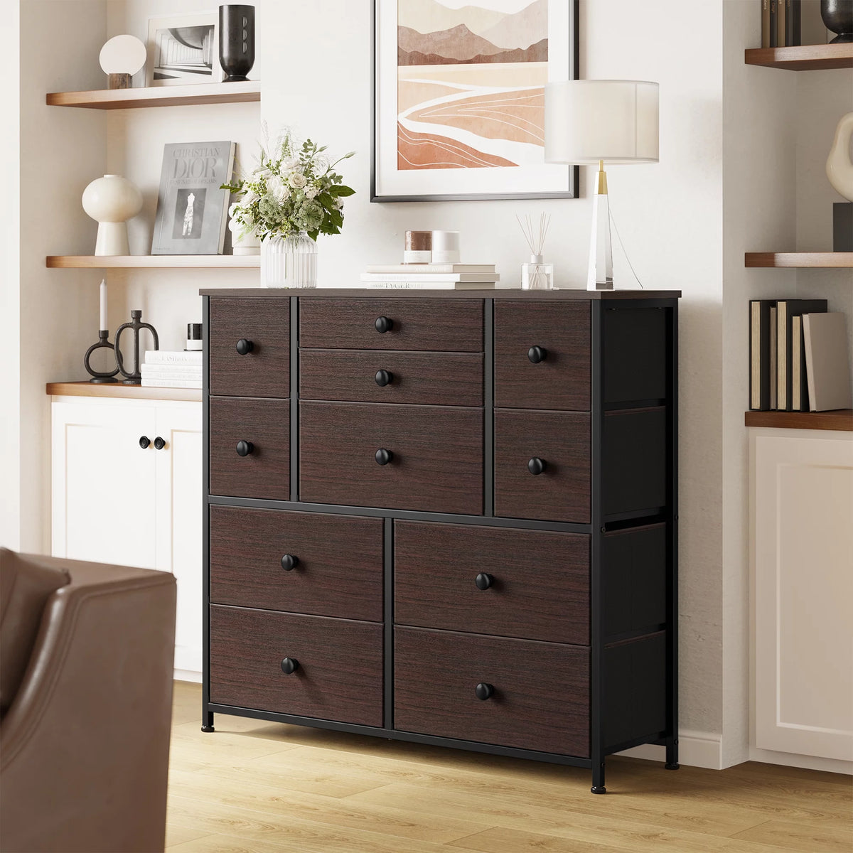 11 Fabric Drawers Dresser with Wood Top G1394