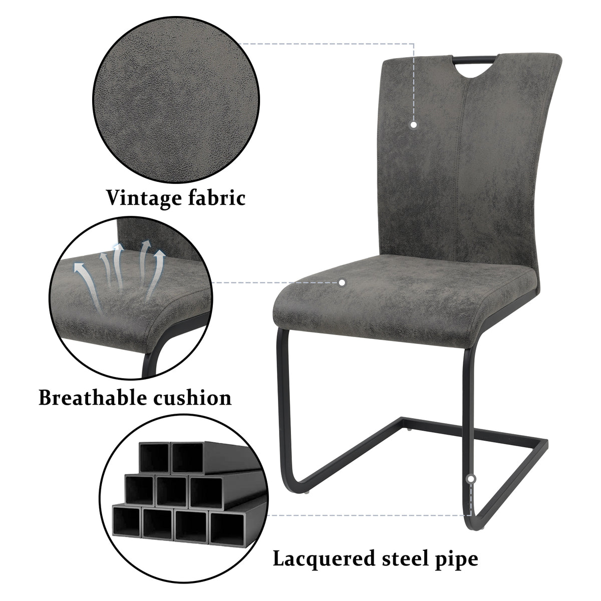 Vintage Fabric Dining Chairs Set of 4 with Handle, High Back Chair, Armless Cantilever Chairs, Grey Q345203