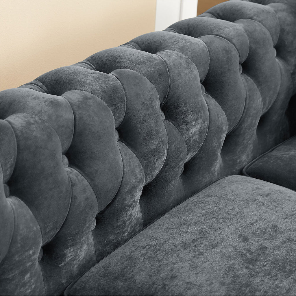 Gray Velvet Button Tufted L-shaped Sofa R7746