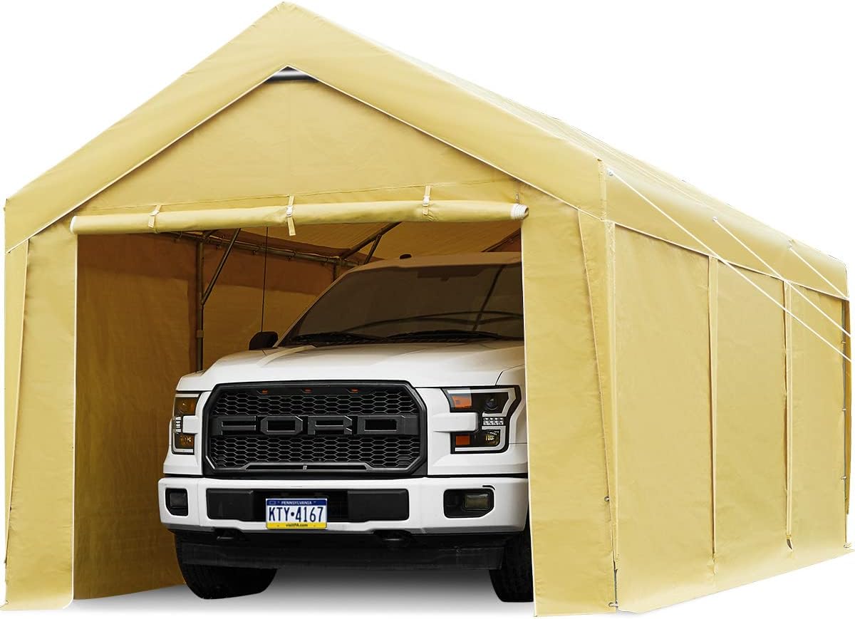 10 x 20 ft Heavy Duty Carport Canopy with Removable Sidewalls and Doors and 4 Sandbags J870868