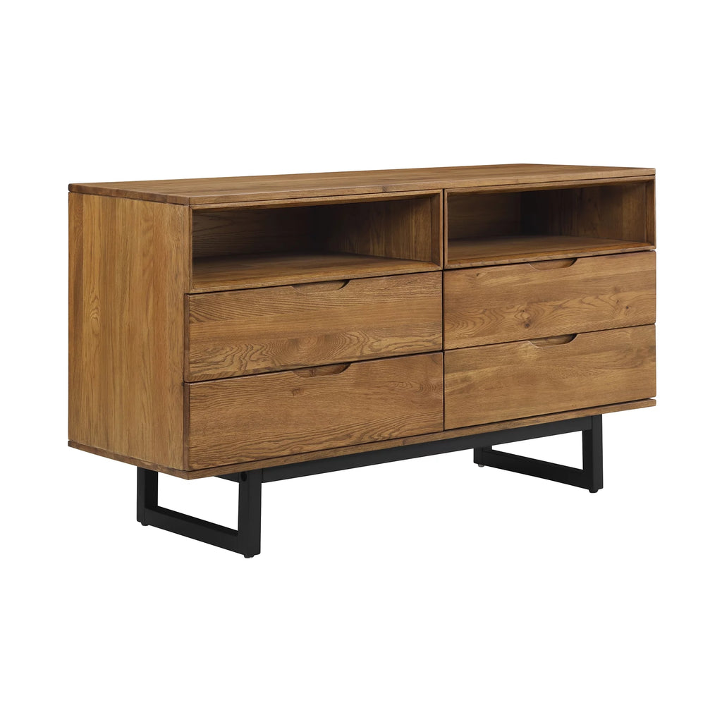 Brown Oak Wood 4 Drawer Dresser with Black Metal Legs E8935