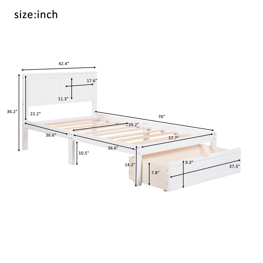 White Twin Wood Platform Bed with Headboard and Storage Drawer C289363