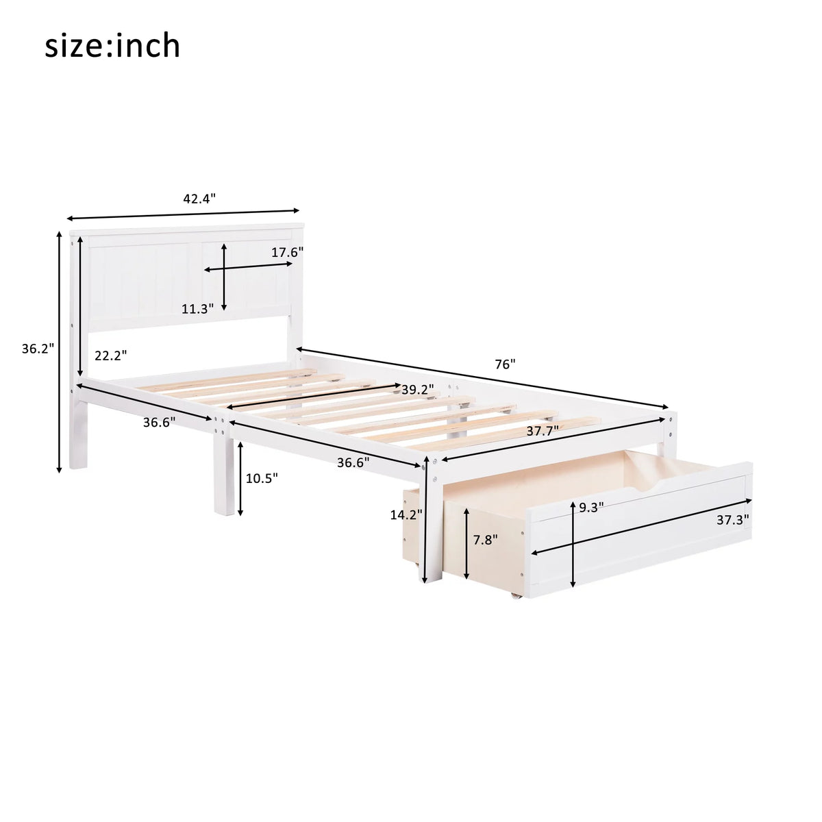 White Twin Wood Platform Bed with Headboard and Storage Drawer C289363